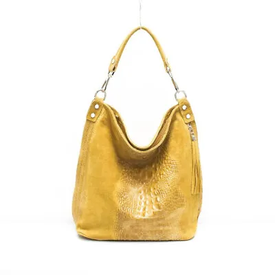 Mustard Italian Suede Mock Crock Slouch Bag • £52.50