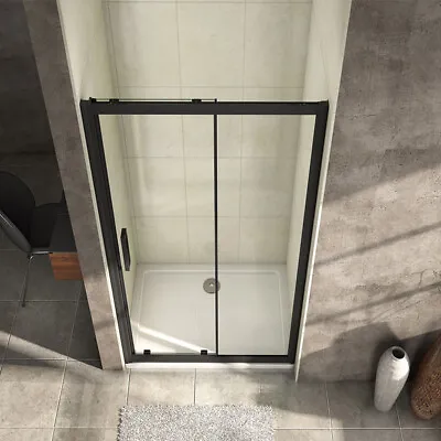 Sliding Shower Door Black 8mm NANO Glass Shower Enclosures Stone Tray Waste Trap • £218.79