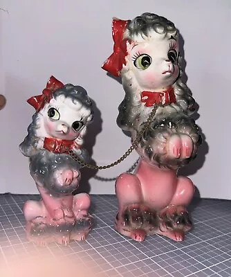 Pair 2 Fancy Vintage Pink Poodle Dogs Figurines Ceramic Glazed Japan Chained 6”+ • $49.98