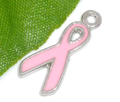 10 PINK ENAMEL BREAST CANCER AWARENESS RIBBON CHARM/PENDANT~20mm - Earrings (7J) • £3.10