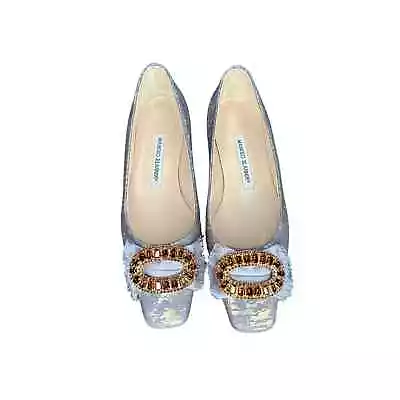 Manolo Blahnik Brocade Jeweled Square Toe Ballet Flats Size 36 • $255