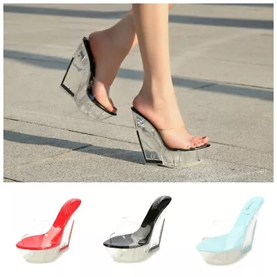 Women Wedge Clear High Heel Platform Mules Open Toe Sandals Nightclub Slippers • $43.23