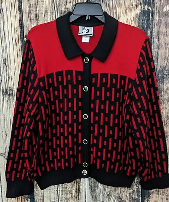 Vintage Mita Cardigan Sweater Womens Plus 18 Red Black Acrylic Holiday USA • $49.99