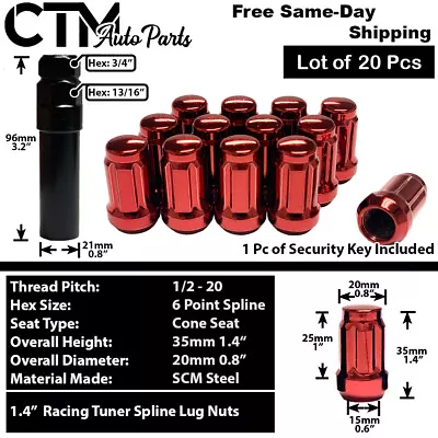 20x Red 1.4  Tall 1/2-20 Spline Tuner Wheel Lug Nut + Key Fit Ford Models  • $20.99