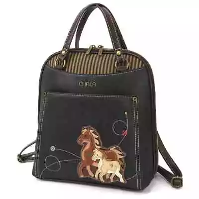 New Chala Black Horse Colt Convertible Backpack Purse Faux Leather Canvas • $64