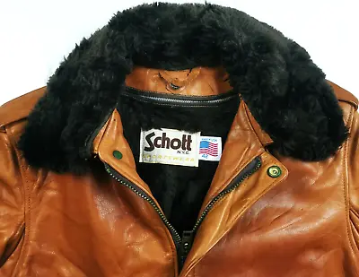 * HOT VTG USA SCHOTT MOTORCYCLE BIKER FUR COLLAR LINED BROWN LEATHER Jacket 42 S • $430