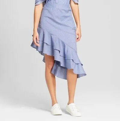 $19.79 • Buy A New Day Skirt Womens 8 Blue White Stripe Asymmetrical Ruffle Cotton High Waist