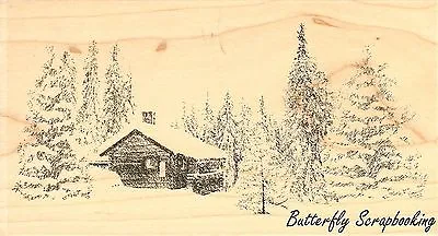 Winter Cabin Scene Wood Mounted Rubber Stamp IMPRESSION OBSESSION J7763 New • $20.30