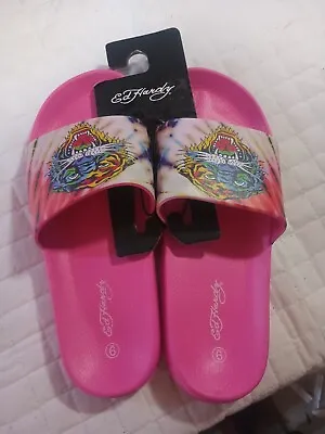 ED HARDY Hot Pink Tiger Slides Sandals Flip Flops Size 9 Rare New Fast Shipping  • $27.99