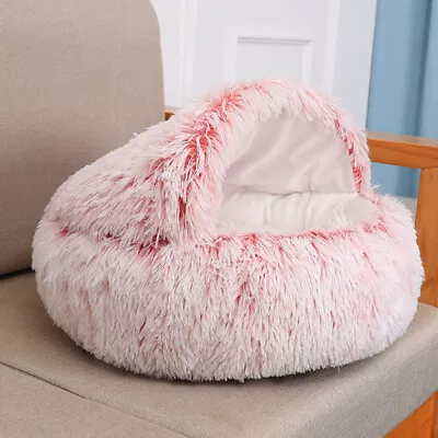 Indoor Pet Dog Cat Bed Cave Round Plush Fluffy Hooded Cat Bed Donut Uk • £10.95