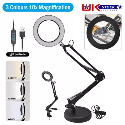 10 X Magnifier Foldable Glass LED Desk Lamp Light Stand Clamp Beauty Magnifying • £19.99