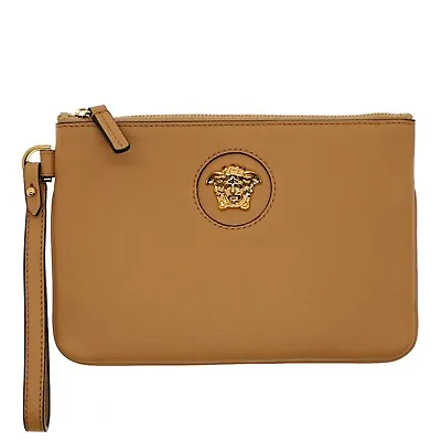 Versace La Medusa Wristlet Zip Clutch Pouch Caramel Leather New • $337.50