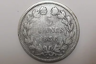 COIN FRANCE SILVER(.900) 5 Francs Louis-Philippe I 1836 D  KM# 749.4 (Lyon) • £40