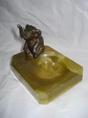 Metal Elephant Figurine Sitting On Green Onyx Marble Trinket Dish Vintage • $29.99