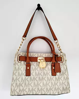 MK Michael Kors Hamilton Monogram Satchel With Lock And Key Beige Monogram Purse • $45