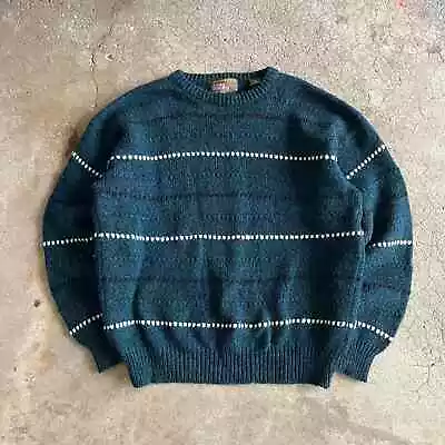 Vintage 80s Authentic Pine Green Striped Wool Knit Crewneck Sweater Grandpacore • $24.99