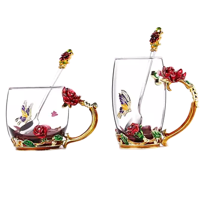 Enamel Coffee Mug Glass Cup Rose Tea Cup Milk Cup Water Cup With Lid Spoon Cover • $35.29