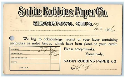 1906 Sabin Robbins Paper Co. Middletown Ohio OH Posted Antique Postal Card • $14.98