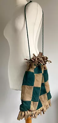 £16.99 • Buy Vintage 70s Green Camel Beige Suede Patchwork Boho Hippie Fringed Drawstring Bag