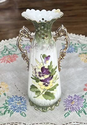 Antique Victoria Carlsbad Austria Porcelain Bud Vase W/ Yellow & Purple Flowers • $19.99