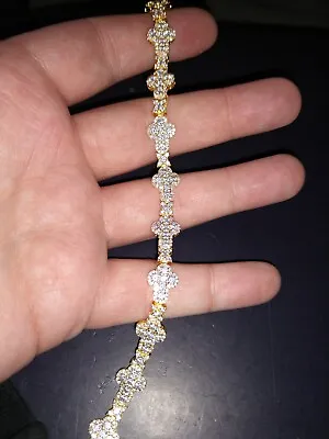 Men's Gold Over Solid 925 Silver 10.5mm 8.5in 11ct CZ Diamond Cross Bracelet • $160