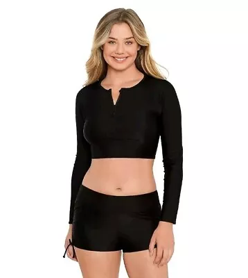 Women's L Eco Beach Long Sleeve Crop Zipper Rashguard BLACK Swim Shirt Beach  • $17.96
