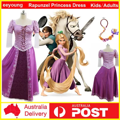 Adults Rapunzel Princess Dress Cosplay Tangled Kids Fairytale Book Week Costume • £13.02