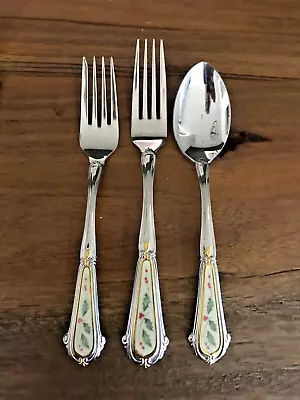 Lenox HOLIDAY Holly Gold Accent Dinner & Salad Fork Spoon Stainless Japan 3 Pcs • $59