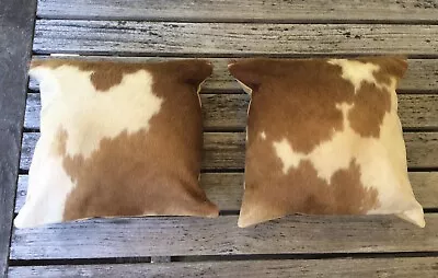 Pair Of Vintage Cowhide Leather Decorative Pillow Cushion Italian? • $95