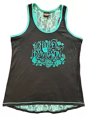 Harley Davidson Women XL Lace Accent Distressed Black Hills Tank Top Shirt • $22.99