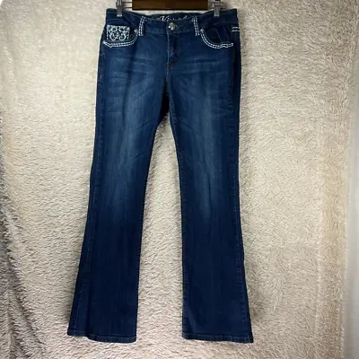 Miss Chic Womens Boot Cut Jeans Blue Whiskered Embellished Denim Juniors 11 • $18.91