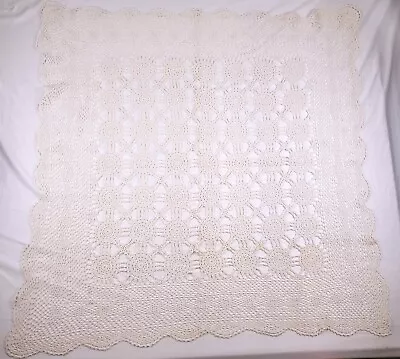 $9.99 • Buy Vintage Hand Crochet Cotton Beige 42  Square Tablecloth Cover Topper Geometric
