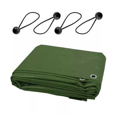 16 Sizes Of Green Tarpaulin Heavy Duty Waterproof Cover Sheet And 4 Bungee Balls • £99.44