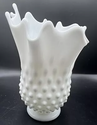 Vtg Fenton White Milk Glass Hobnail Footed Handkerchief Swung Vase • $37