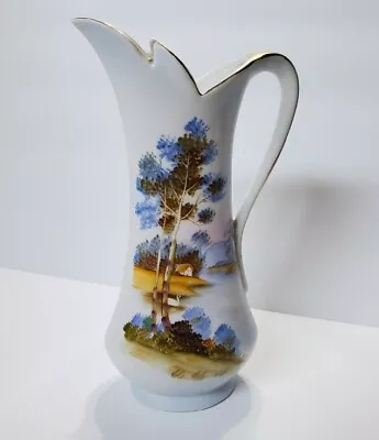 Vintage UCAGCO Porcelain Vase Pitcher Hand Painted 9.25  Country Scene Swan Gold • $14.50