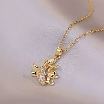 Gold Titanium Monkey Love Banana Pave CZ Pendant Chain Necklace • $11.99