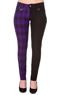 £29.99 • Buy Purple Tartan Check Black Split Legs Skinny Stretch Rock Trousers BANNED Apparel