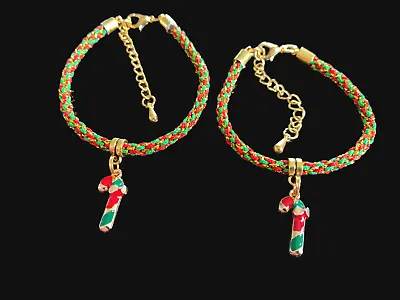 Xmas Dainty Red Green & Metallic Gold Kumihimo Bracelet With Candy Cane Charm. • £2.25