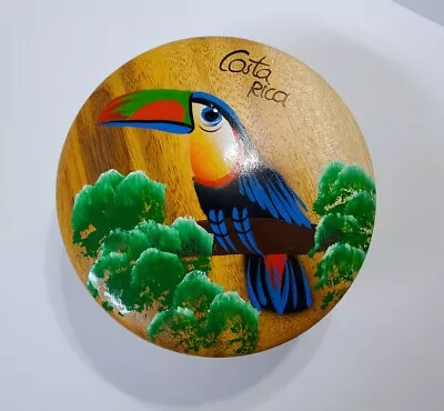 Round Wood Lidded Trinket Jewelry Box COSTA RICA Toucan Bird Hand Painted • $14