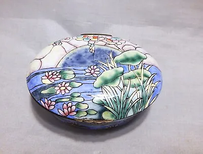 Enameled Metal Hinged Trinket Box Pond Scene • $10