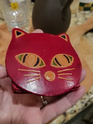 Vintage Cat Shaped Red Embossed Painted Leather Coin Purse Handcrafted 3  • $12
