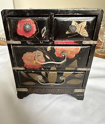 Vintage JEWELRY BOX WOOD CHEST 4 Drawer Floral Painted Japan 6x5x2 • $8
