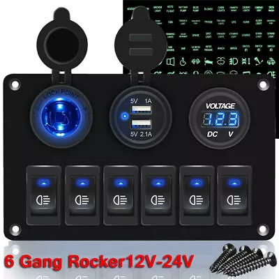 $29.99 • Buy 6 Gang Blue Rocker Switch Panel Circuit Breaker LED Waterproof Car Marine Boat