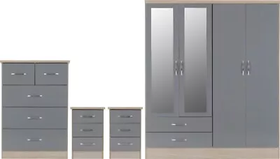 Nevada 4 Door 2 Drawer Mirrored Wardrobe Bedroom Set Grey Gloss 2 Man Del • £579.99