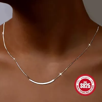 925 Solid Sterling Silver Elegant Minimalist  Everyday Curved Delicate Necklace • $9.50