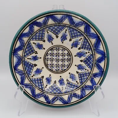 Moroccan Art Pottery Bowl SAFI Redware Blue Wall Plate Hand Painted Signed 9” • $28