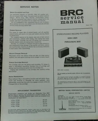 £12 • Buy HMV 2031 Ferguson 3031 Stereophonic Record Player Service Manual
