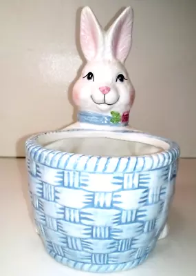 Vintage Easter Bunny Rabbit Basket Planter Figurine White Blue 5.5 Tall 6 L Used • $9.99