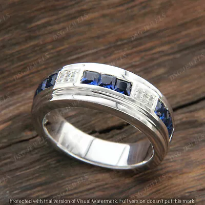 Men Wedding Band Ring 2Ct Princess Lab-Created Blue Sapphire 925 Sterling Silver • $89.07