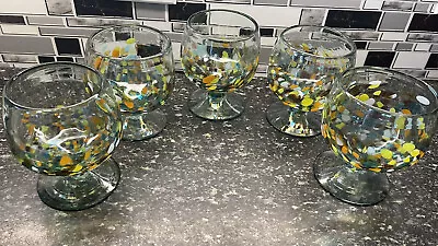 Set Of 5 Mexican Art Glass Confetti Wine Water Goblet Hand Blown 5.5” Footed • $30